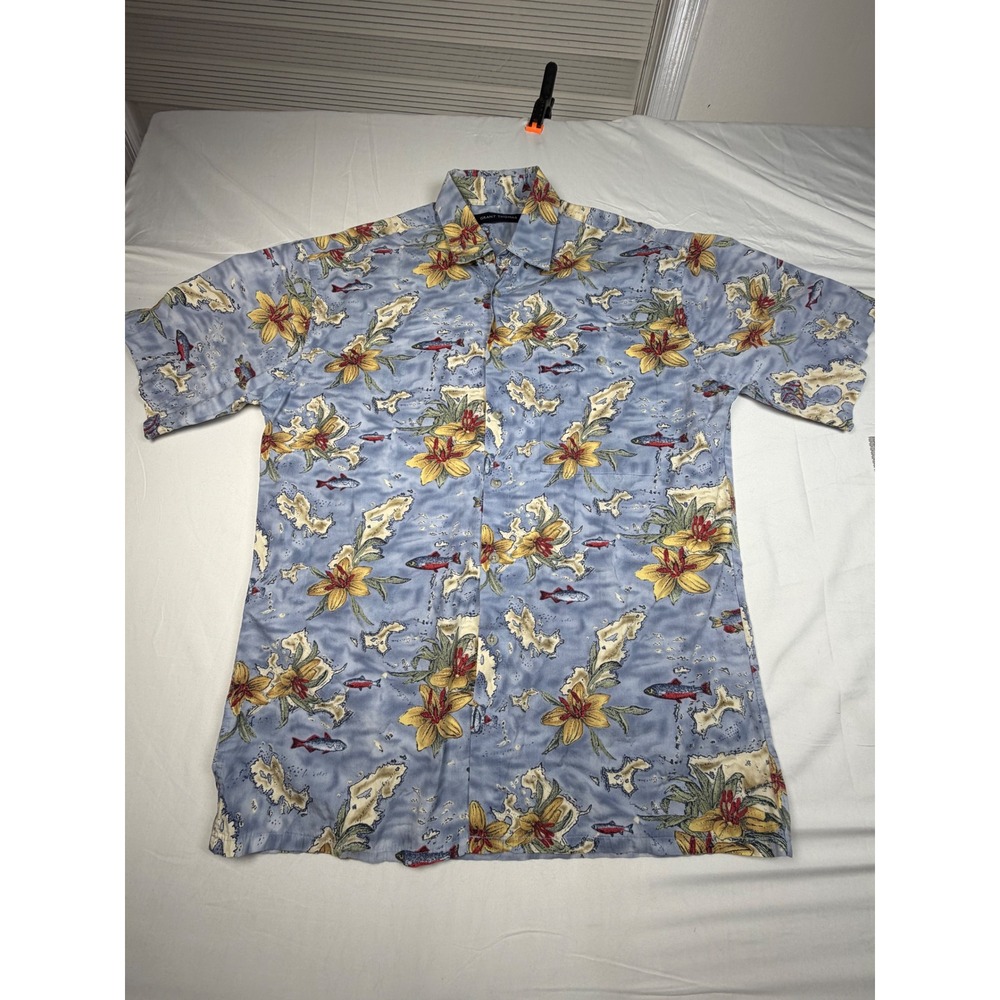 Grant Thomas Mens Blue Cotton Tropical Fish Print Button Up Shirt Oversized Med